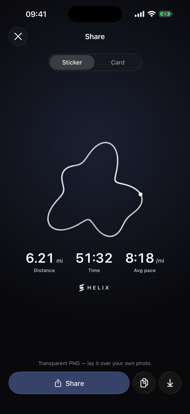 Share sheet: a transparent sticker of the route with distance, time and pace.