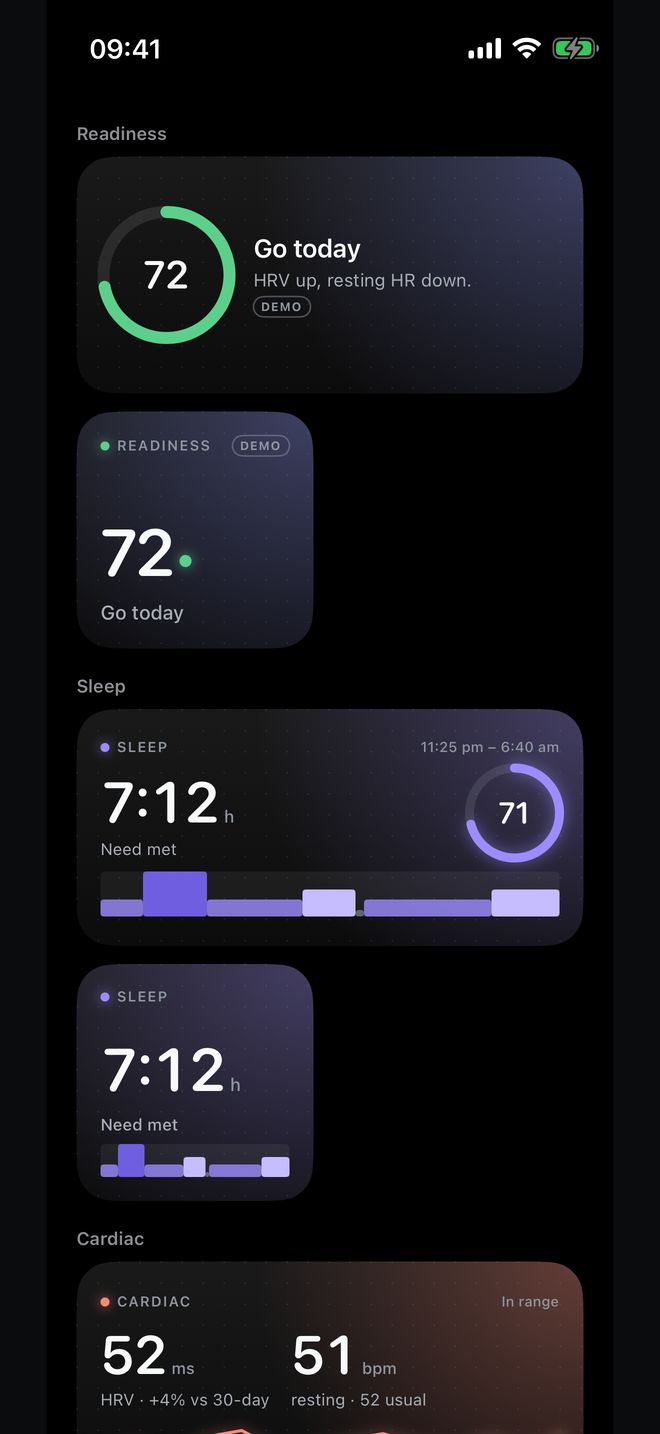 Widget gallery: readiness ring, go today, sleep 7 hours 12 and cardiac widgets.