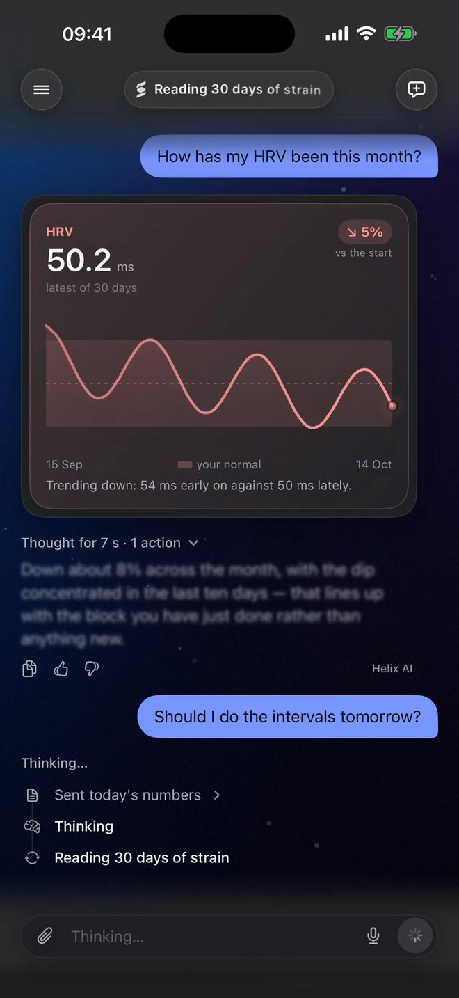 Helix AI answering “How has my HRV been this month?” with a chart of 30 days against your normal.