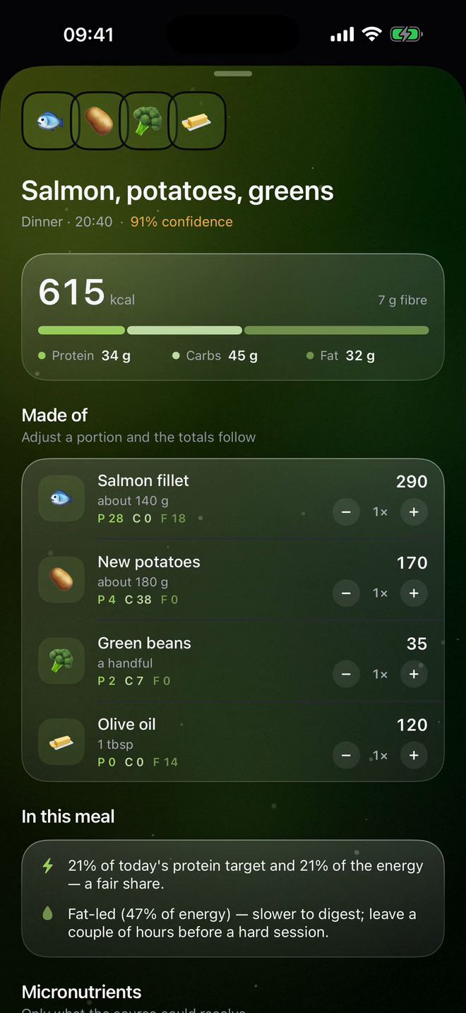 Snap a meal: salmon, potatoes and greens, 615 kcal at 91% confidence, broken down into each item.