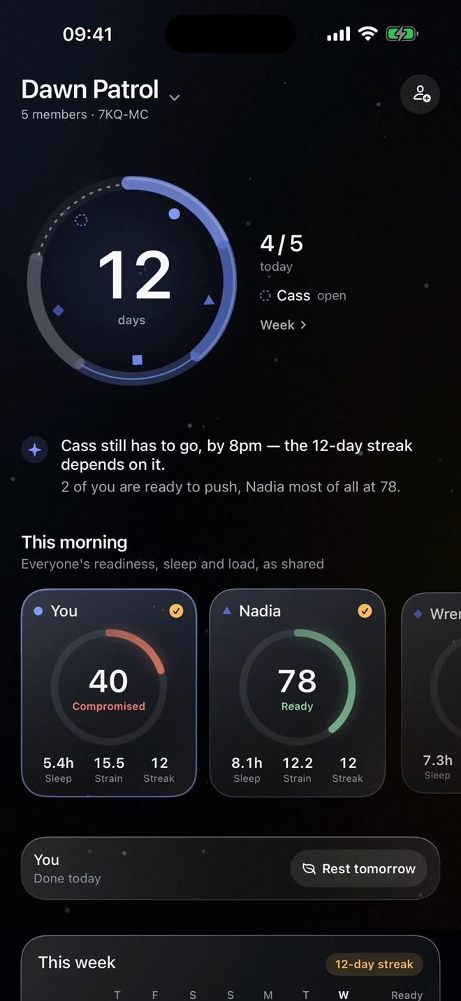 Group tab: Dawn Patrol’s 12-day streak, 4 of 5 in today, and everyone’s readiness, sleep and strain side by side.